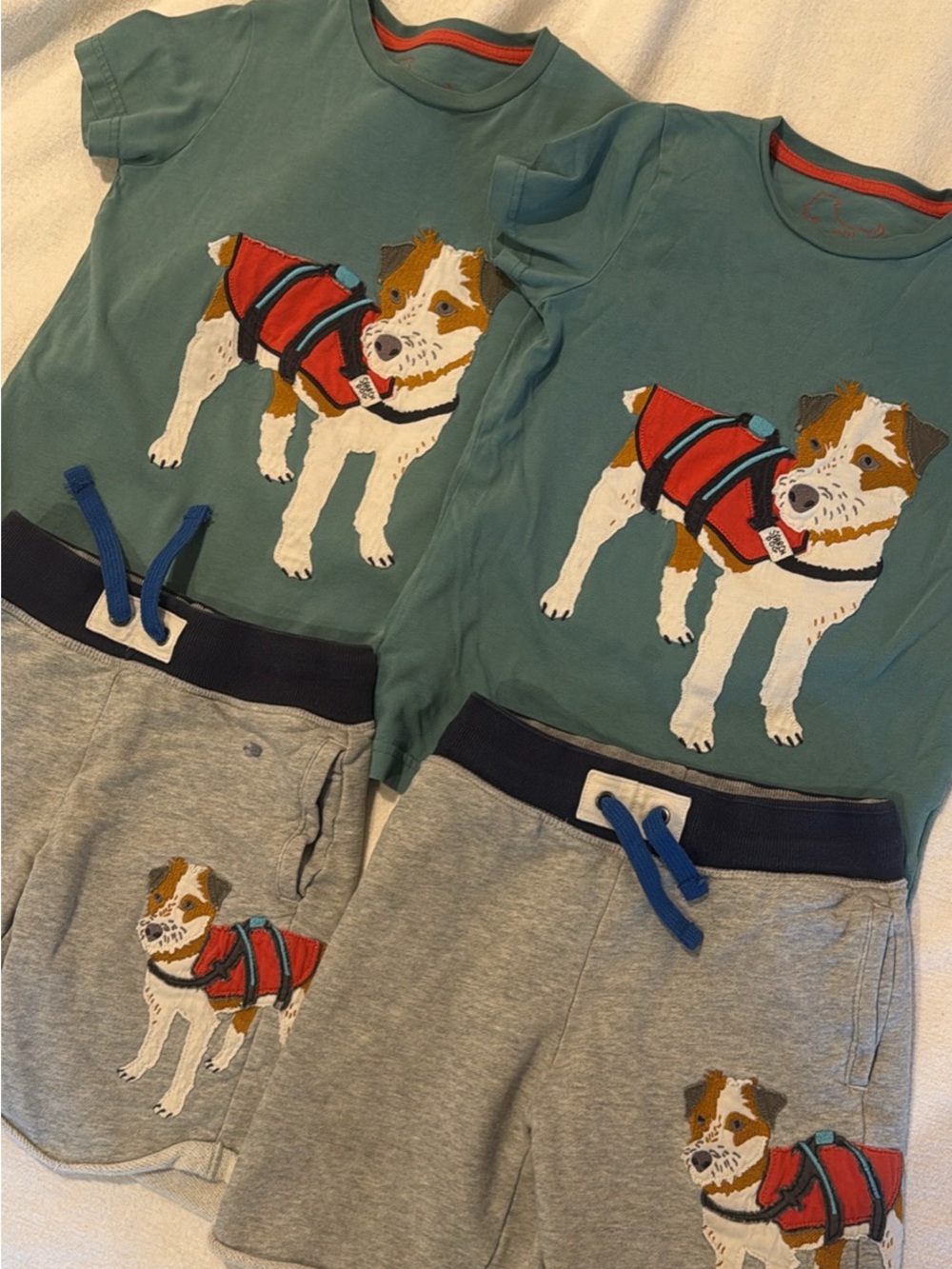 Mini Boden Teal Dog Print Pajama Set with Gray Shorts and Red Accents